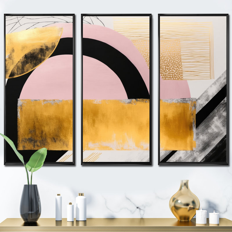 Rose et or Art déco IV - 3 pièces, reproduction sur toile, H 28 po x l 36 po x P 1 po, Noir