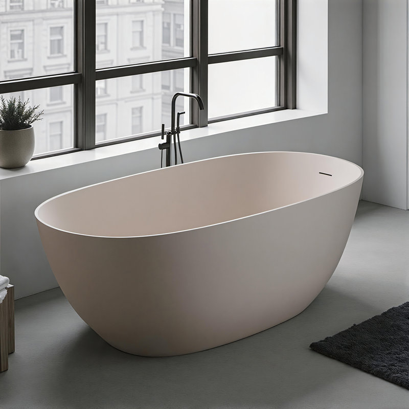 61" Freestanding Solid Surface Bathtub With Pop-Up Drainage And Overflow, Beige
