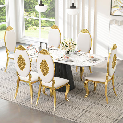 Luxury Dining Chair Set, Oval Carved Backrest, Polished Mirror Stainless Steel Legs