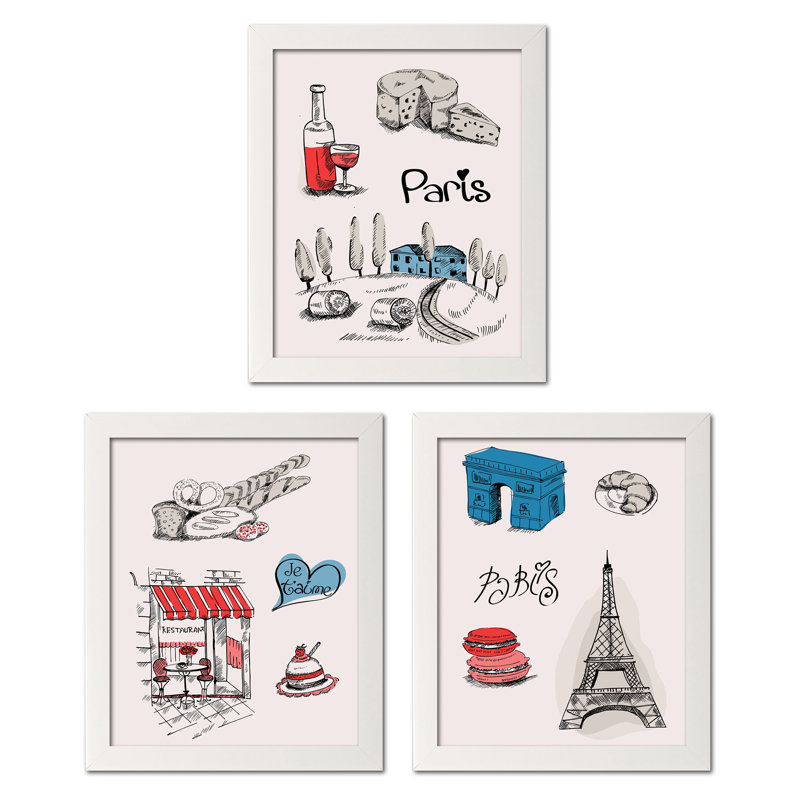 «Paris I, II and III», ensemble de 3 impressions, Papier avec cadre blanc, H 14 po x l 11 po x P 0,75 po