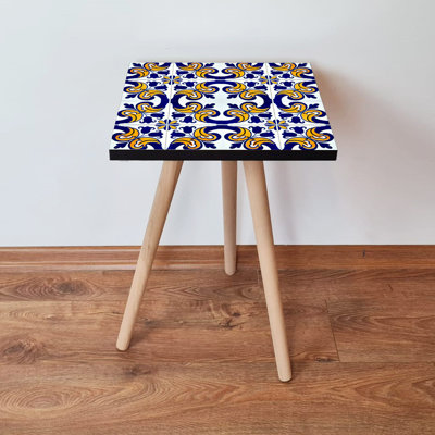 Stylish Side Table with Beech Wood Legs, 13.8 x 16.5 x 13.8 inches | 100% MDF, Ethnic Geometric Design in Orange, Navy Blue & White | Ideal for Living Room, Bedroom & Modern Decor, Compact & Functional