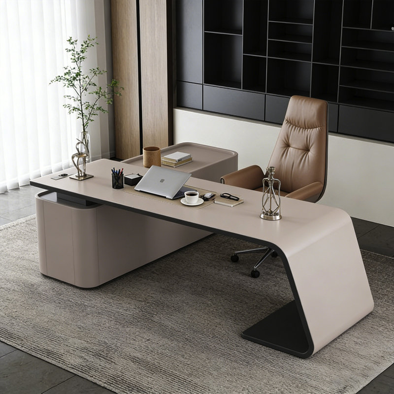 Bureau kaki clair en forme de L italien minimaliste, H 31,5 po x l 70,87 po x P 27,56 po