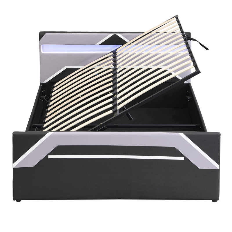 Grand lit de jeu avec tête de lit à DEL 7 couleurs et rangement latéral, lit plateforme Cyberpunk, noir et gris, Black/Gray