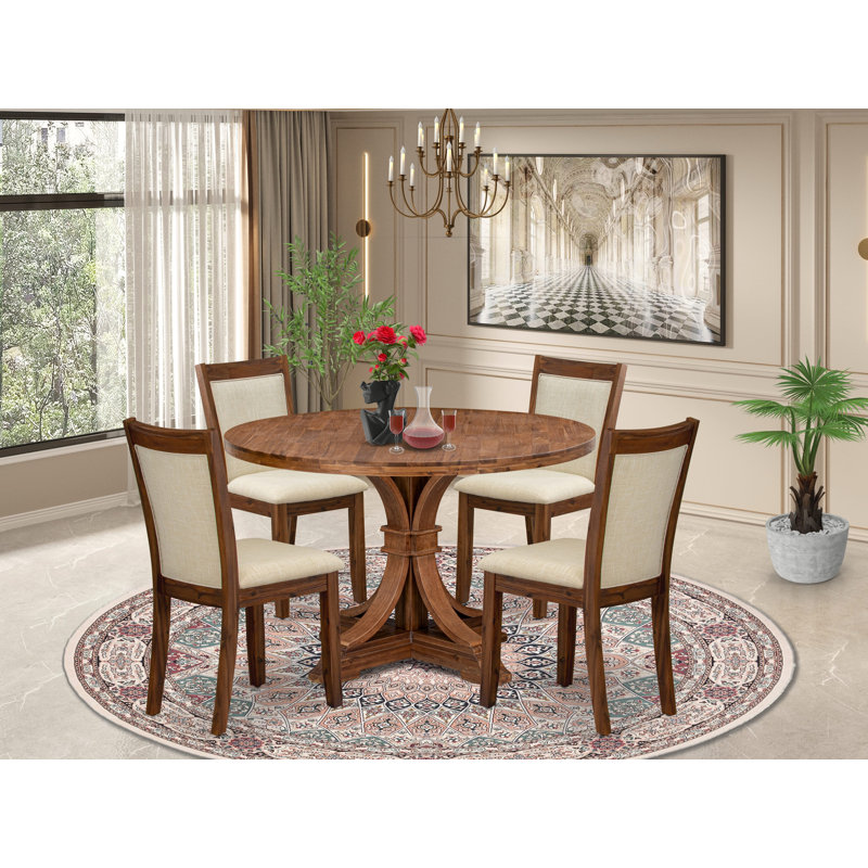 L'ensemble de salle à manger 5 pièces se compose d'une table à piédestal et de 4 chaises de cuisine en tissu beige clair avec dossier rembourré - noyer antique
