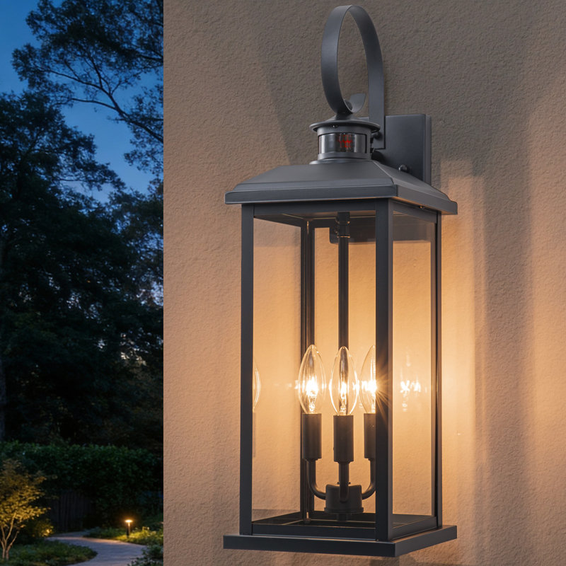 23.5in. Oversize Black Motion Sensor Dusk To Dawn Outdoor Wall Lantern With Tempered Glass Shade