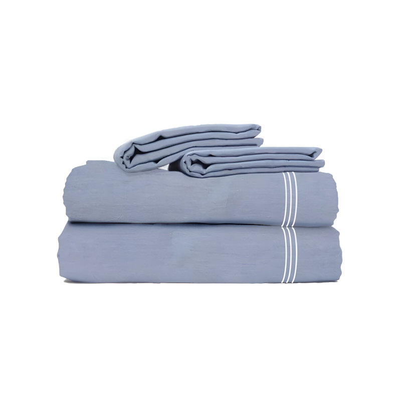200TC Yarn Dyed Chambray Indigo Blue Triple Embroidery Cotton 4 Piece Sheet Set Fitted Sheet Fits Upto 16" Deep Pocket