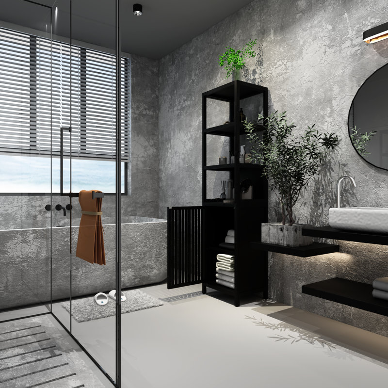 Tour à linge autoportante noire avec 3 tablettes et porte à volet, convient aux petits coins de la salle de bain dans la cuisine
