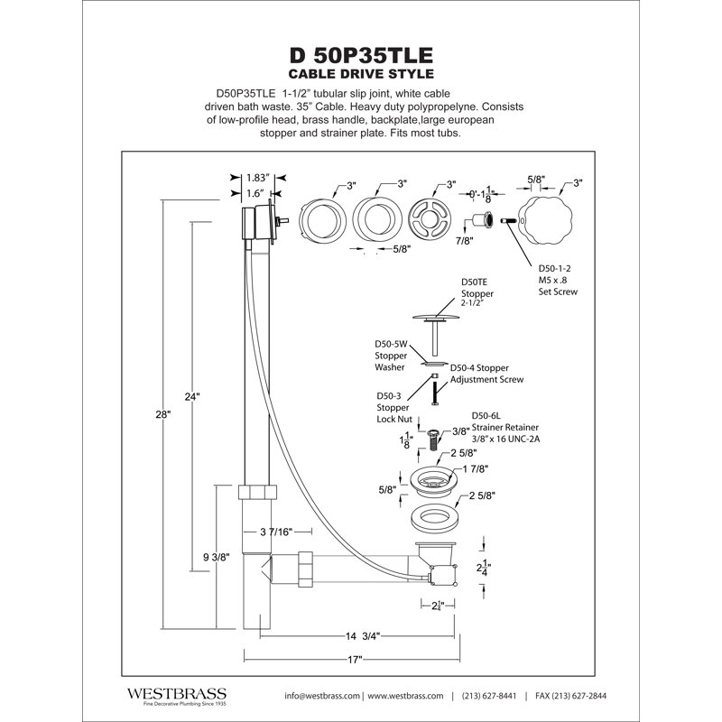 35" Cable Drive Pop-Up Bathtub Drain Trim with Poly Pipe Assembly and Rotary Overflow Cover, Polished Chrome