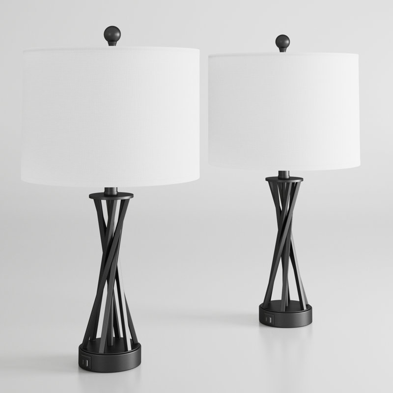 24" Black Modern Metal Table Lamp With Usb Ports