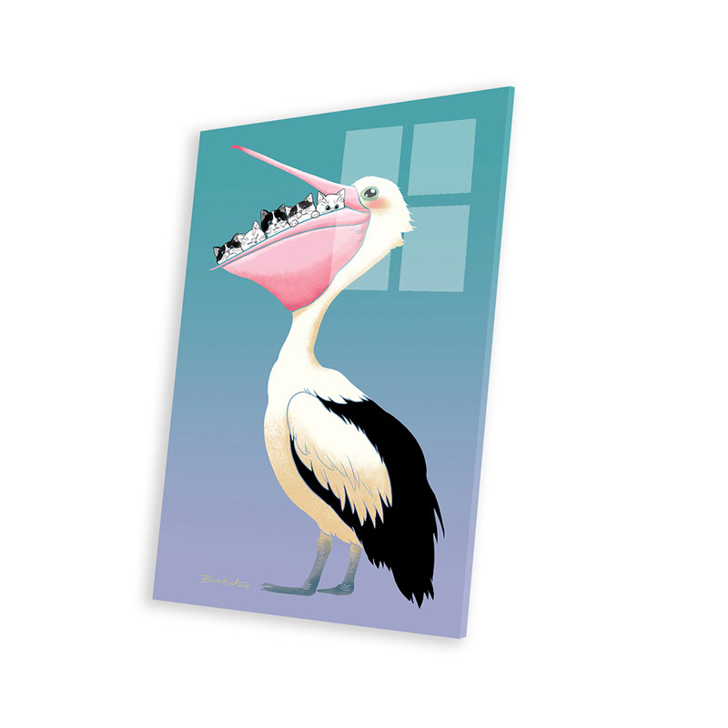 «Cats And Pelican Friendship», reproduction sur verre acrylique, H 24 po x l 16 po x P 0,25 po