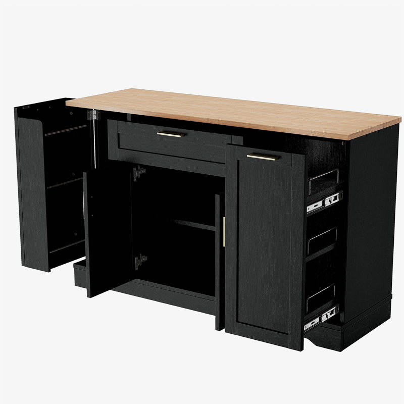 Buffet de rangement multifonctionnel Trexm, table de salle à manger extensible, tablettes réglables, support coulissant à 3 niveaux, îlot de cuisine pour la cuisine, la salle à manger et le salon (noir)