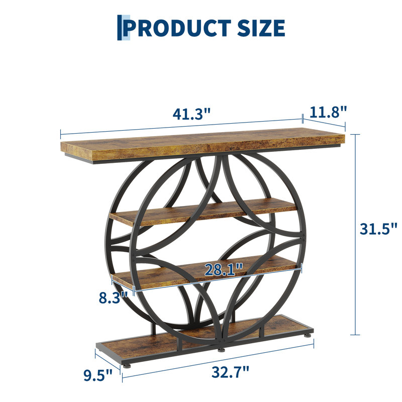 Table d'entrée 41,3 "avec base ronde, console industrielle étroite avec 4 tablettes, table d'appoint de couloir moderne pour le salon, vestibule, brun rustique