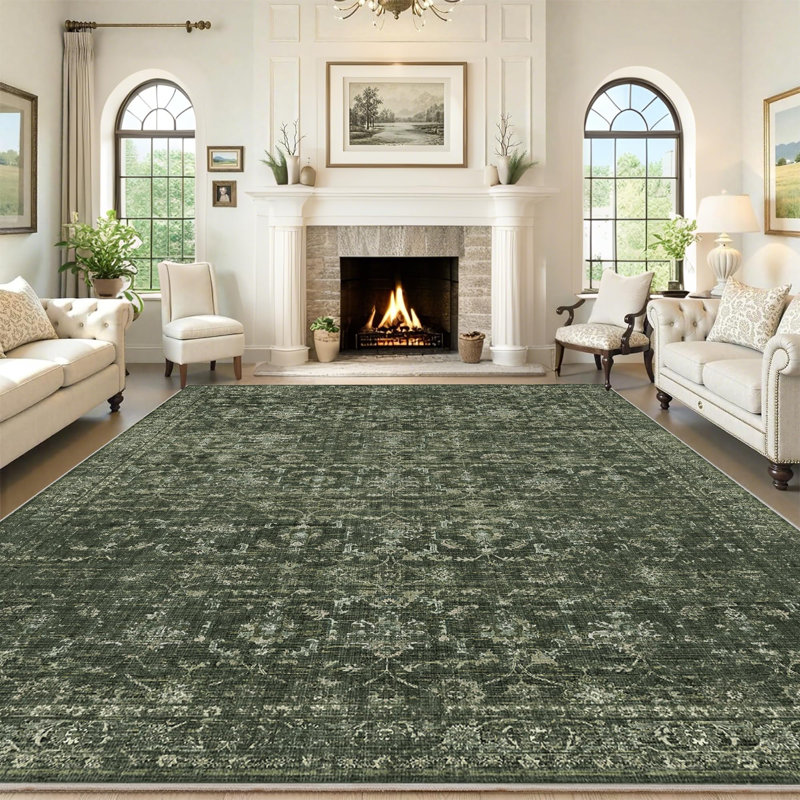 Vintage Boho Area Rug - Washable Non Slip Low Pile Rug, Rectangle 9' x 12', Dark Green