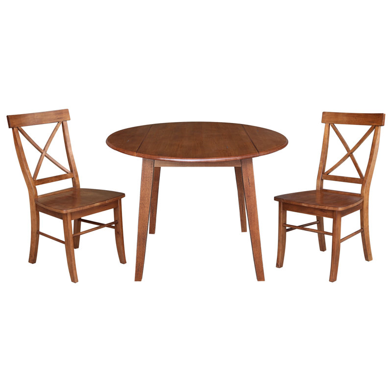 Kaylam Drop Leaf Rubber Solid Wood Dining Set, Distressed Oak, 3 Pieces: Table, 2 Chairs