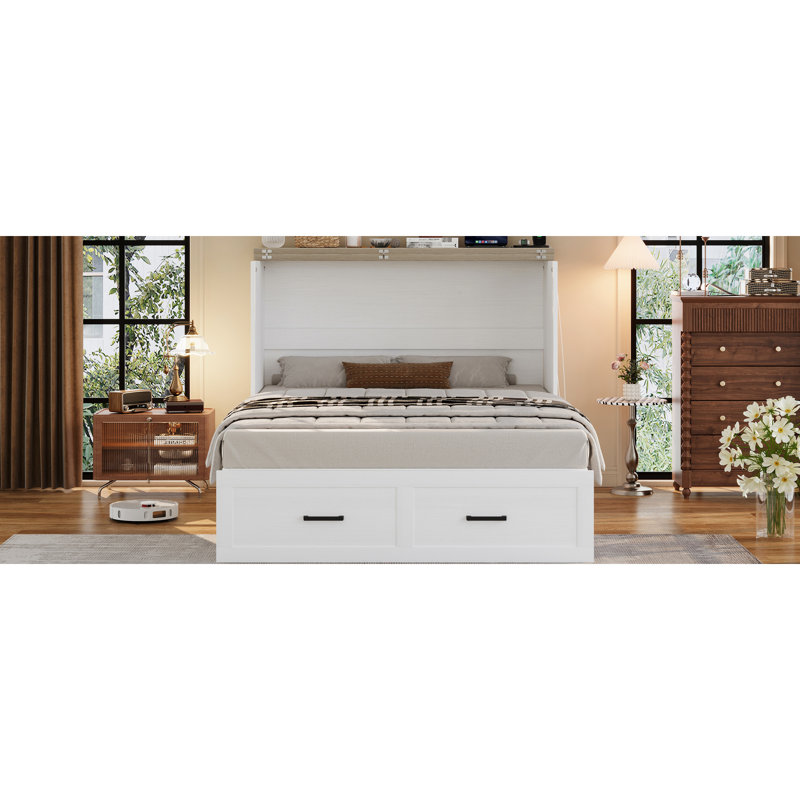 Lit armoire blanc avec bac de chargement et de rangement spacieux, plateforme pliable pour coffre de petite chambre d'amis