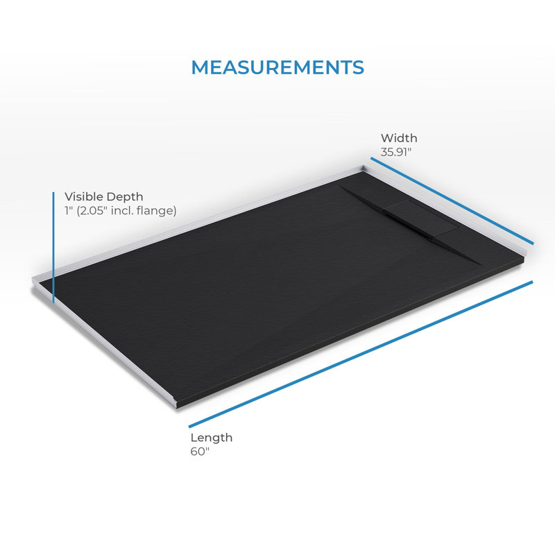 Receveur de douche rectangulaire extra-plat Lenora 152,4 cm x 91,4 cm avec bonde latérale dissimulée, noir uni, Black