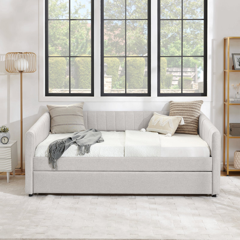 Yamit Daybed With Trundle Upholstered Sofa Bed, With Vertical Stripes, Linen Fabric, Beige, Full/Double