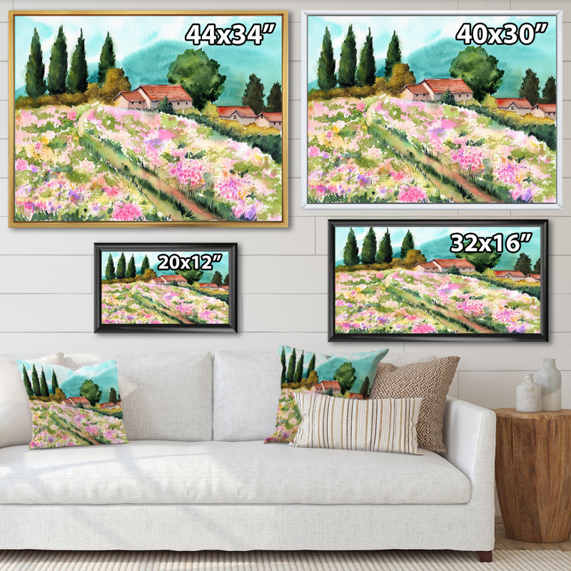«Little Mountain House on in Meadows», peinture sur toile, Cadre flottant doré, H 30 po x l 40 po