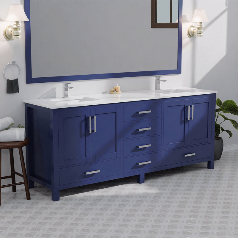 Meuble-lavabo double l 84 po x P 22 po avec comptoir en quartz blanc, 84", Bleu