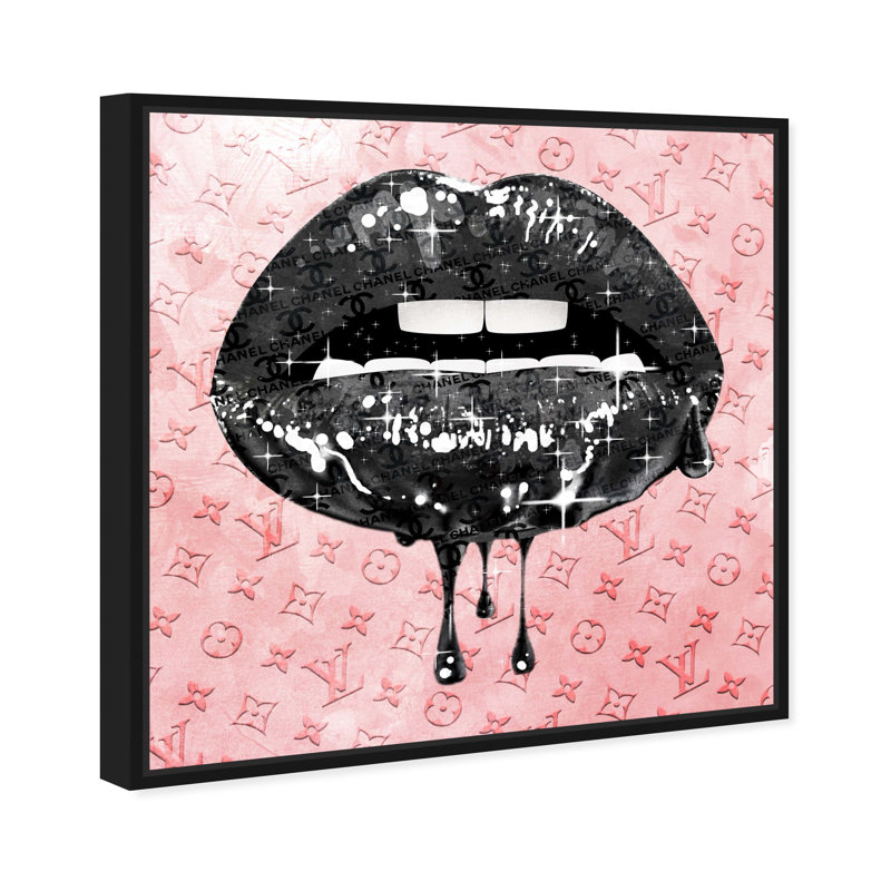 Fashion and Glam Noir and Blush Lips - impression d'art graphique, H 24 po x l 24 po x 1,5 po, Toile avec cadre noir