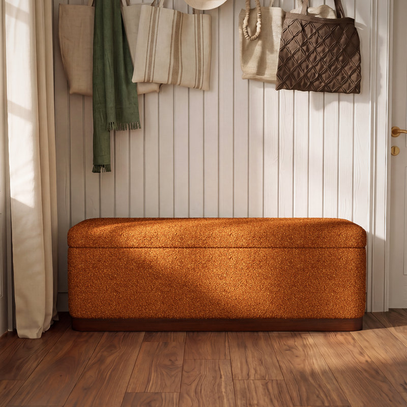 Modern 46" Bouclé Upholstered Storage Bench with Solid Wood Base & Hidden Compartment, ORANGE