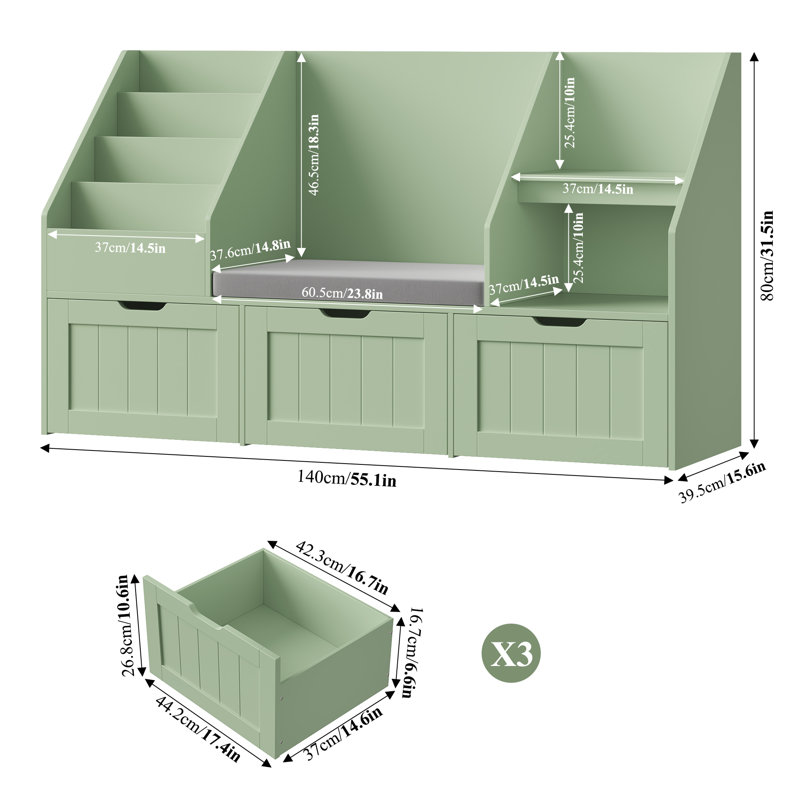 55.1" W x 31.5"H 3-IN-ONE Kids Bookcase with 3 Drawers, Soft Cushion, 4-Layer Bookshelf, Reading Nook, Sage Green
