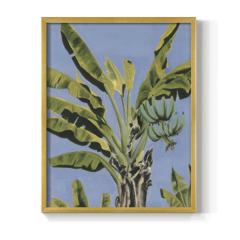 «Banana Leaves on Blue II», reproduction encadrée - bois massif, H 21 po x l 17 po, Doré