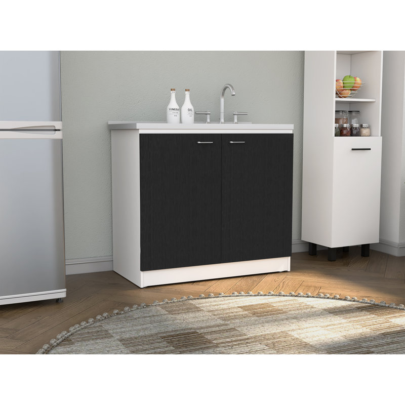 Évier utilitaire avec armoire, double porte et une tablette Napoles - blanc / noir, Blanc/Noir