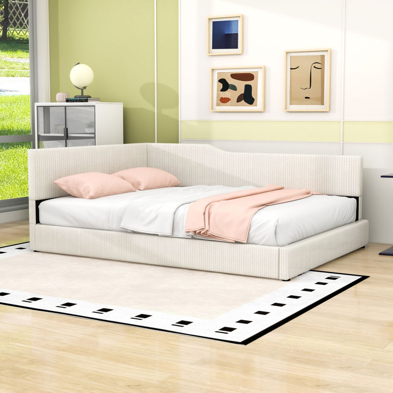 L-Shaped Upholstered Daybed with Slats, Beige, Complet/Double