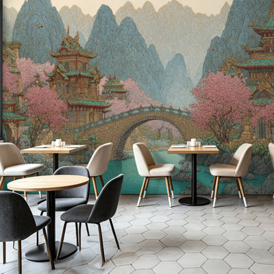 Peler et coller le papier peint adhésif, paysage de montagne, cerisiers asiatiques traditionnels, art mural brumeux, auto-adhésif et amovible