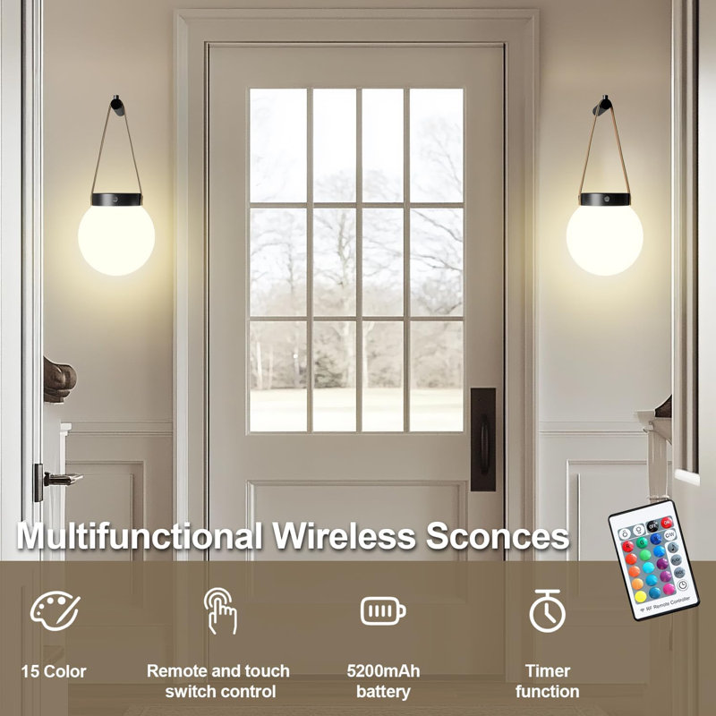 Rechargeable Wireless Wall Sconces Set With Remote Control, Dimmable RGB 15 Colours & 3 Lighting Modes, Modern Retro Design For Bedroom Living Room Entryway