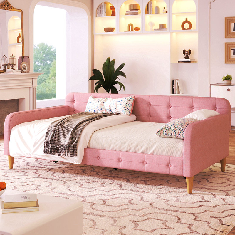 Lit de jour simple rembourré avec 4 pieds de soutien, Rose