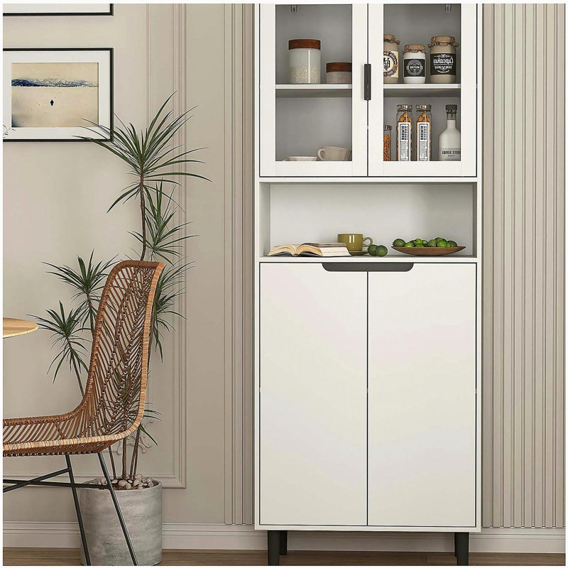 Tempered Glass Door Tall Storage Bookcase with Adjustable Shelves, 4 Doors MDF Cabinet for Living Room or Bedroom, White