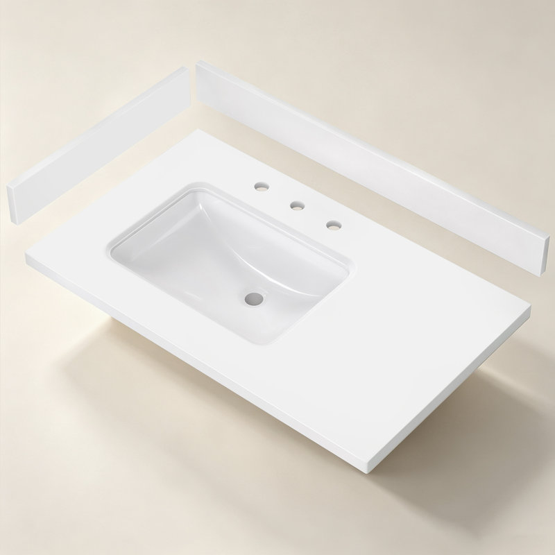 L 36 po x P 22 po en pierre reconstituée avec meuble-lavabo à simple cuve en céramique et drain à gauche rectangulaire avec comptoir et dosseret en H 4 po