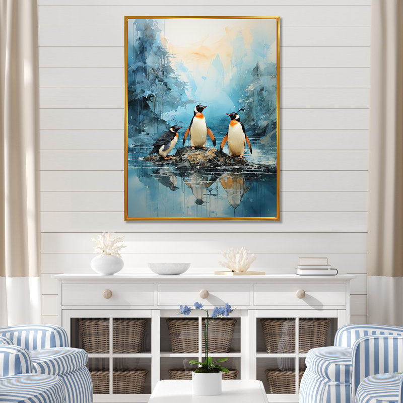 Pingouins antarctiques élégance IV sur toile, H 32 po x l 16 po x P 1 po, Cadre flottant doré