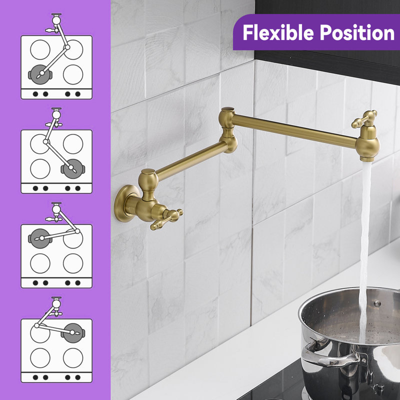 Pot Filler Faucet, Wall Mount Copper Folding Faucet 2 Handle With Double Joint Swing Arms, Single Hole Brass Commercial Kitchen Faucet Over Stove
