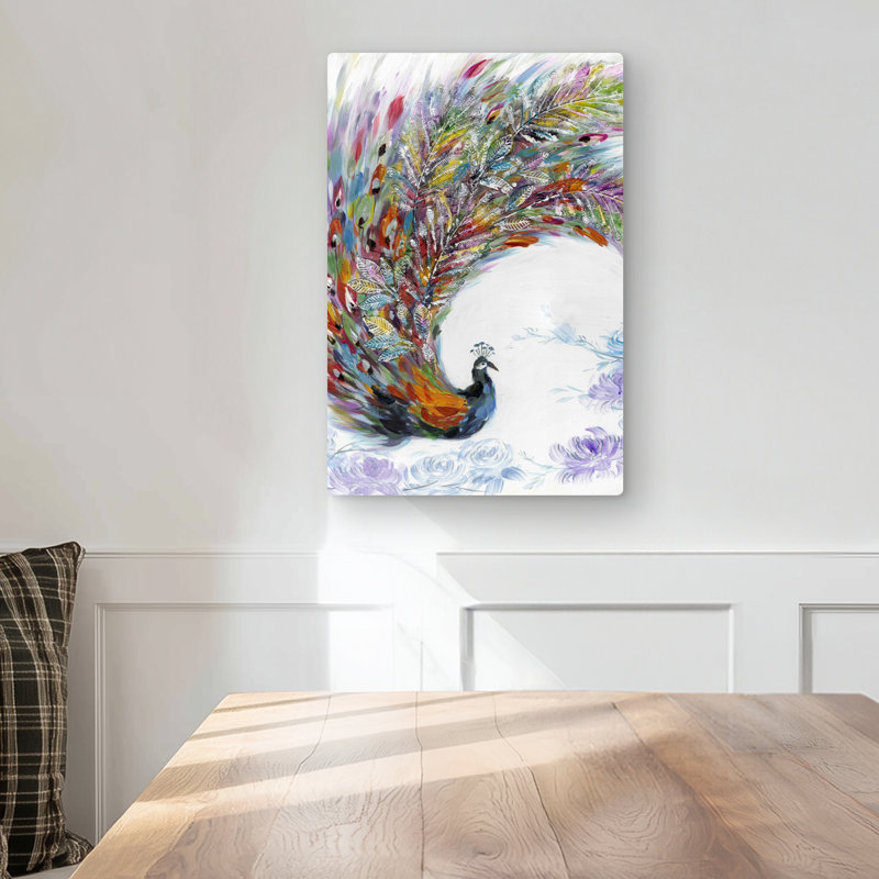 Colorful Peacock with Flowers - Metal Print for Home Decor