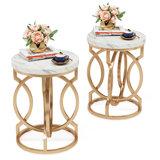 Modern Round End Table Set Of 2 With Faux Marble Texture Surface, White And Gold 20" Round Side Table Cocktail Table Accent Table