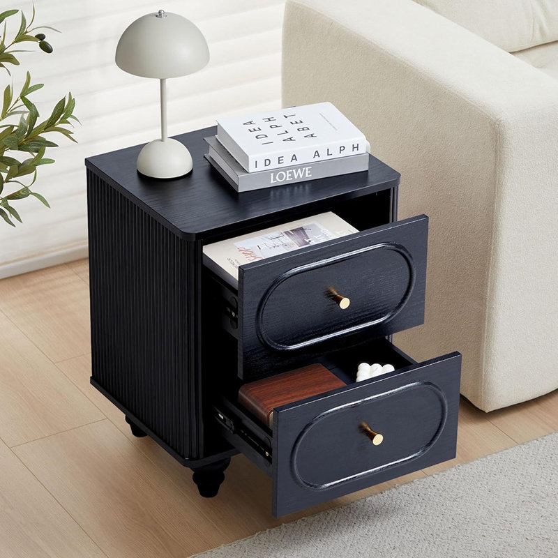 Black Wood 2 Drawer Fluted Nightstand Set with Conical Legs
