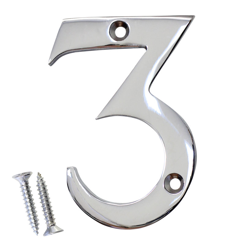 Numéro de maison laiton à fixation en surface, Chrome poli, 3, H 3 po