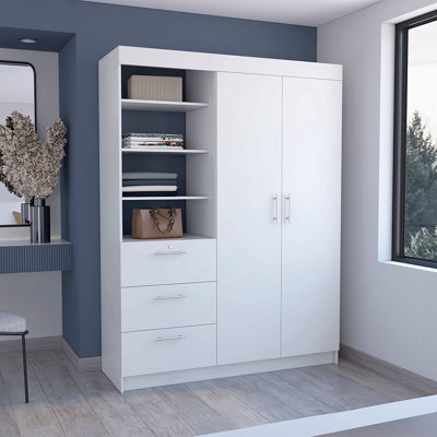 Armoire 3 tiroirs, porte double, tablette à 3 niveaux - blanc