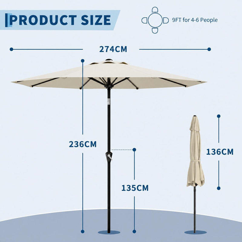 270 cm W X 270 cm D Market Parasol with Crank Lift, Beige