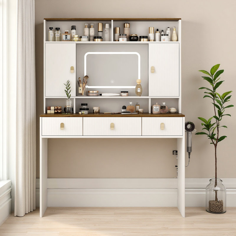 Table de maquillage Farmhouse, coiffeuse de 43 po de largeur avec miroir éclairé et tiroir de maquillage, grande coiffeuse moderne avec porte-séchoir pour chambre à coucher