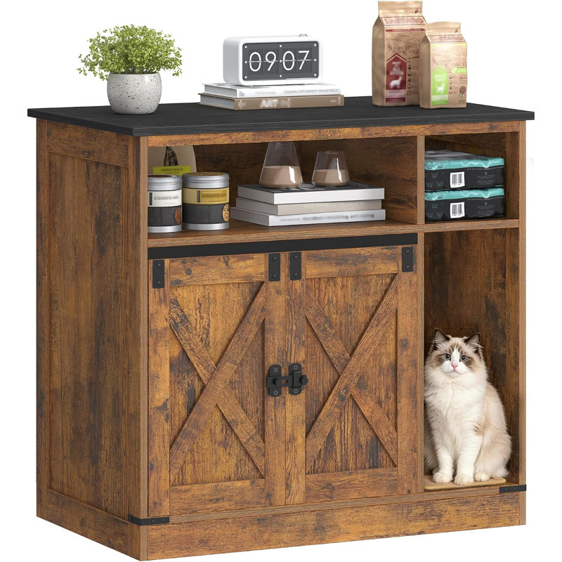 Meuble pour chat avec bac à litière dissimulé et rangement, armoire en bois avec griffoir, style ferme, pouvant également servir de meuble télé ou de table d'appoint, brun rustique