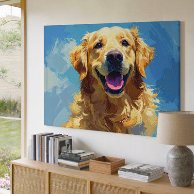 A Cheerful Portrait Of A Golden Retriever Painted Canvas In A Bright Expressive Style The Dog S Wall Art Premium Quality Ready To Hang