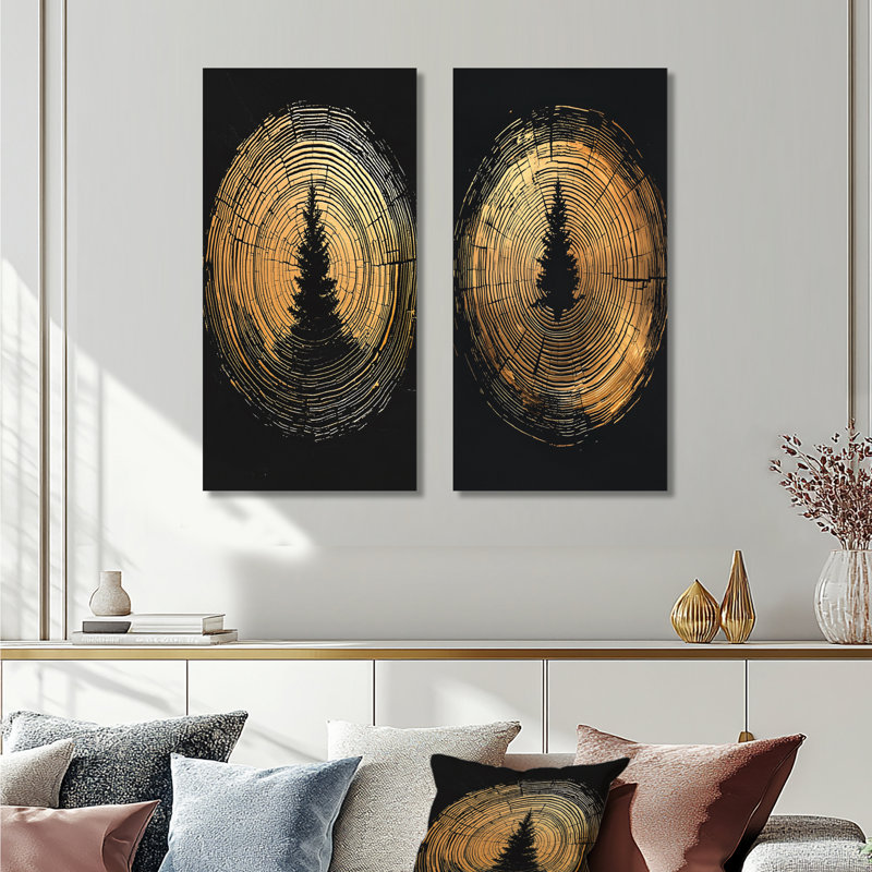 Abstrait noir et or de l'anneau d'arbre I - Collection de 2 panneaux de toiles florales, Toile tendue, H 32 po x l 33 po