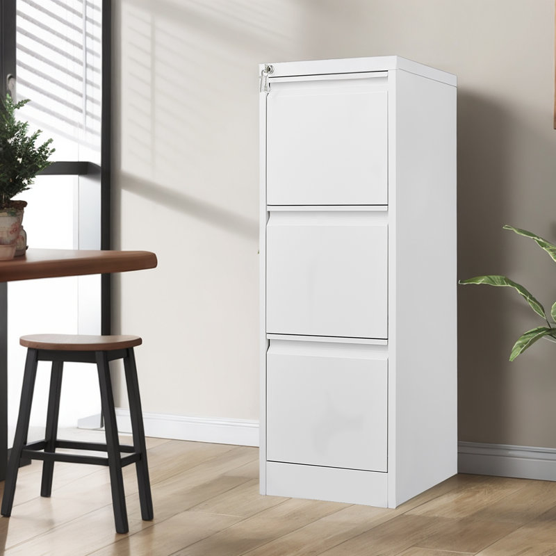 Classeur vertical en métal 40 po pour bureau et maison avec serrure et 3 tiroirs, Blanc / Blanc