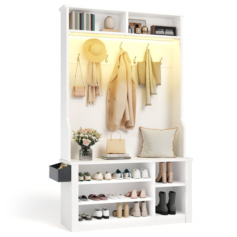 Arbre d'entrée de ferme avec lumières DEL réglables, banc, rangement pour chaussures, paniers latéraux et crochets pour le vestibule 