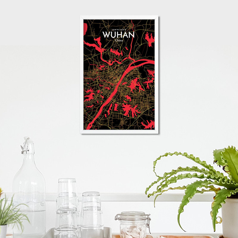 Carte de la ville de Whan, impression, H 17 po x l 11 po, Noir / rouge / jaune