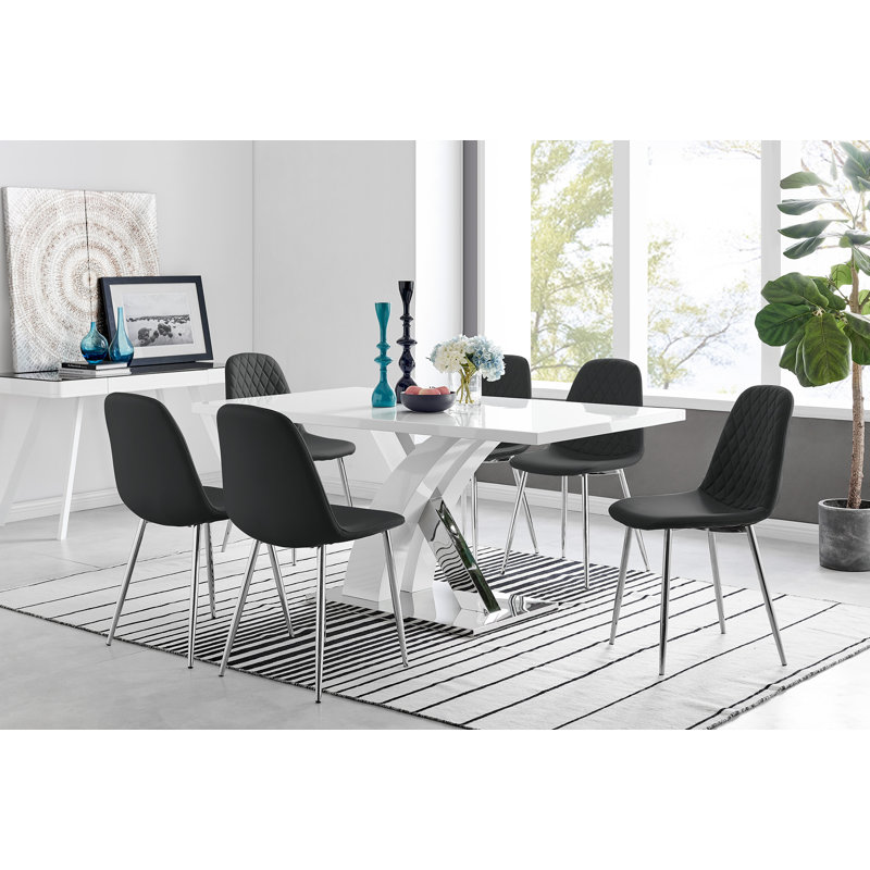 Edzard Chrome & White High Gloss Dining Table Set with 6 Luxury Faux Leather Dining Chairs, Black/Silver